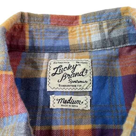 Lucky Brand Western Style Flannel Shirt Men’s Size Medium Red Plaid Cotton - Picture 2 of 5